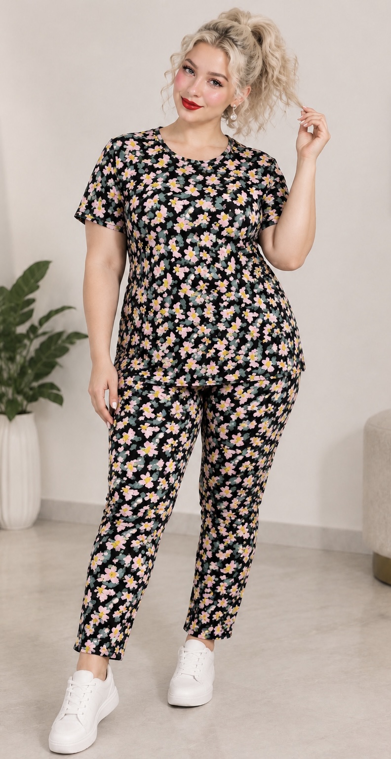 ست لباس و شلوار نخی گیاهی 9030 شکوفه گیلاس